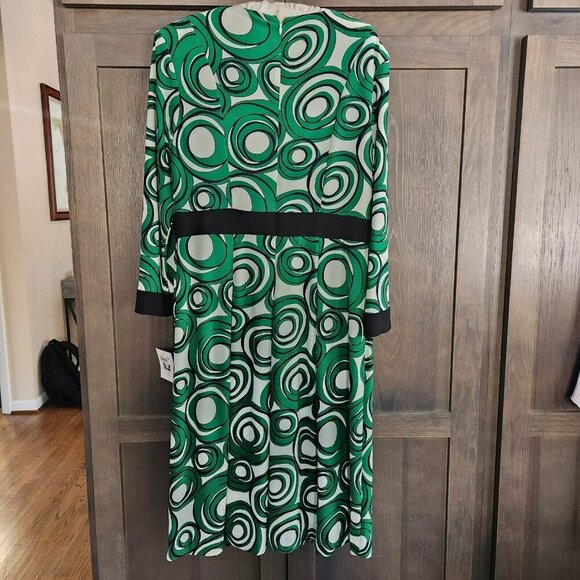 Anne Klein Green Black Circle Abstract Print Midi Keyhole Dress 3/4 Sleeve Sz 6 - Picture 3 of 14